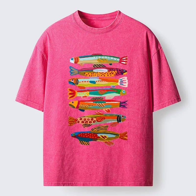 Tokyo-Tiger Colorful Fish Folk Art Print Washed T-Shirt