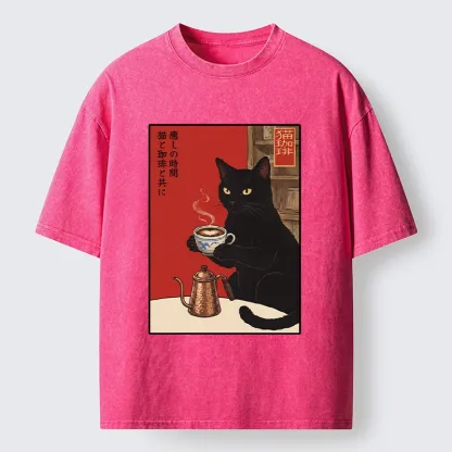 Tokyo-Tiger Cat Coffee Time Japanese Print Washed T-Shirt