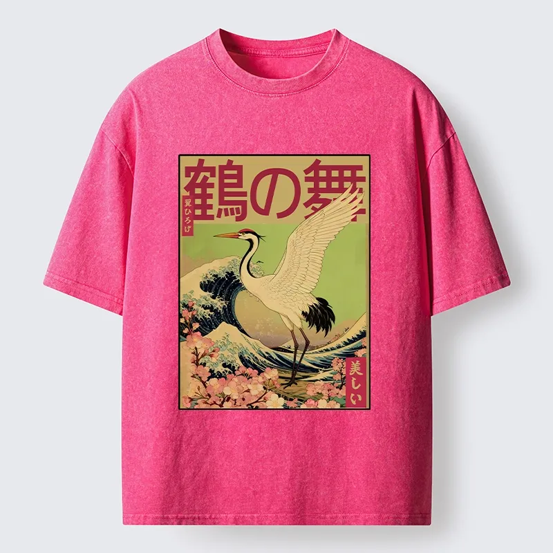 Tokyo-Tiger Japanese Crane And Wave Art Washed T-Shirt