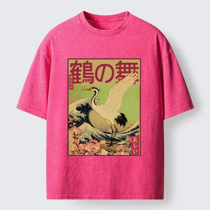 Tokyo-Tiger Japanese Crane And Wave Art Washed T-Shirt