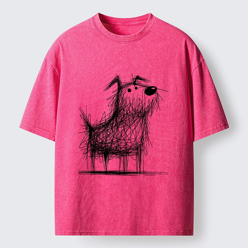 Tokyo-Tiger Cute Scrawled Dog Line Art Washed T-Shirt
