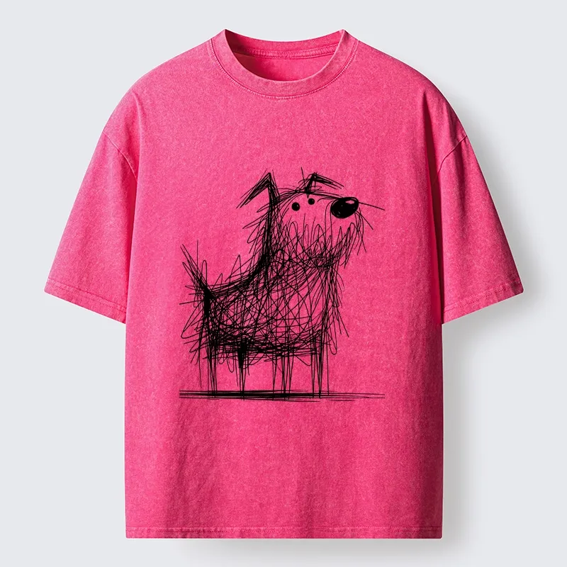 Tokyo-Tiger Cute Scrawled Dog Line Art Washed T-Shirt