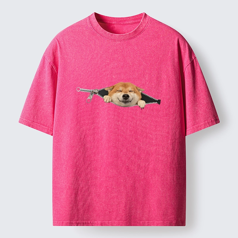 Tokyo-Tiger Cute Shiba Dog In Zipper Washed T-Shirt