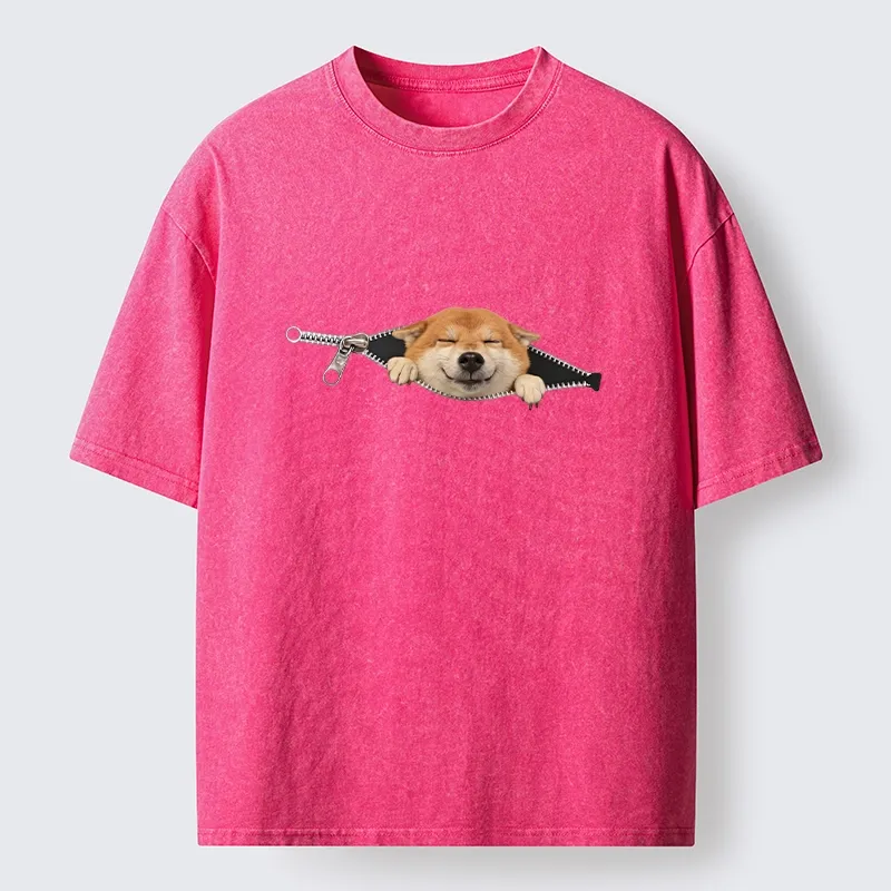 Tokyo-Tiger Cute Shiba Dog In Zipper Washed T-Shirt