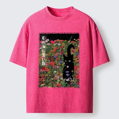 Tokyo-Tiger Black Cat Hiding In Flower Sea Washed T-Shirt