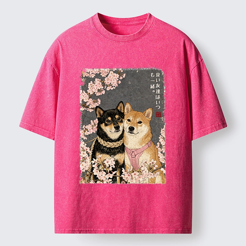 Tokyo-Tiger Two Shibas And Sakura Flowers Washed T-Shirt