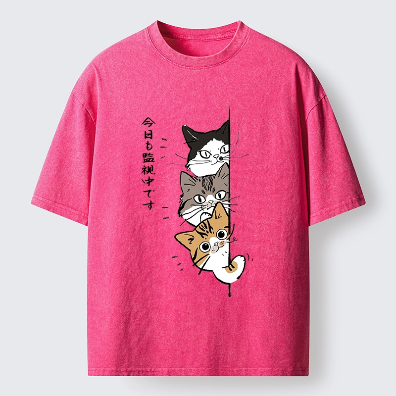 Tokyo-Tiger Funny Cat Surveillance Squad Washed T-Shirt