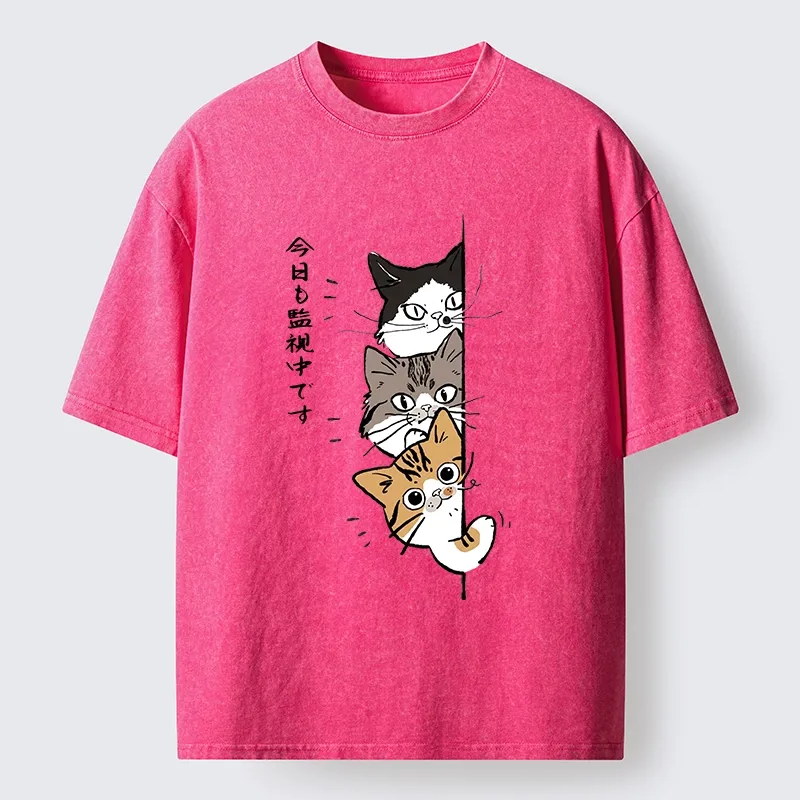 Tokyo-Tiger Funny Cat Surveillance Squad Washed T-Shirt