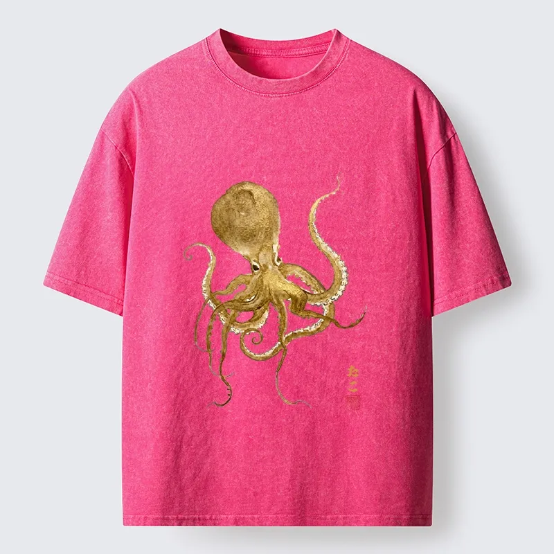 Tokyo-Tiger Japanese Style Octopus Painting Washed T-Shirt
