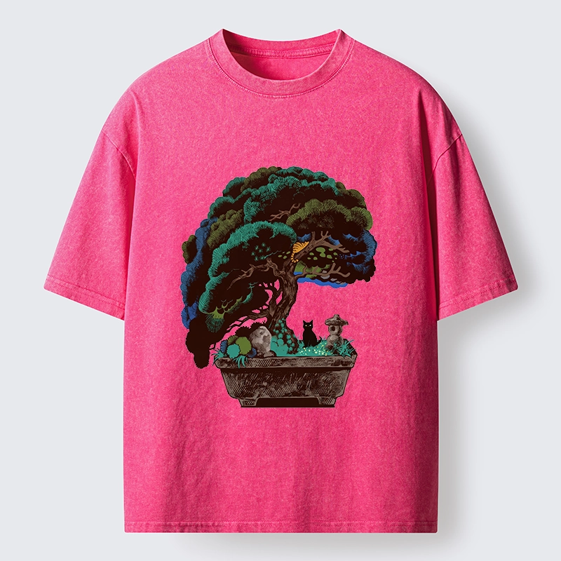 Tokyo-Tiger Black Cat Hiding In A Bonsai Pot Washed T-Shirt