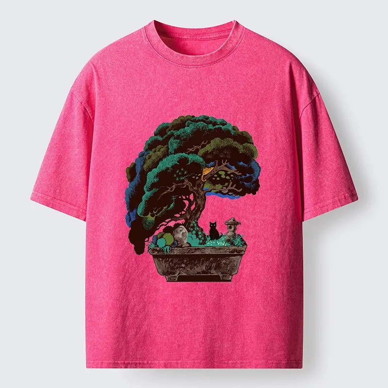Tokyo-Tiger Black Cat Hiding In A Bonsai Pot Washed T-Shirt