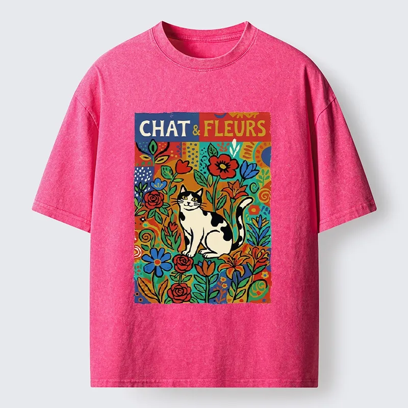 Tokyo-Tiger Colorful Cat And Floral Art Washed T-Shirt
