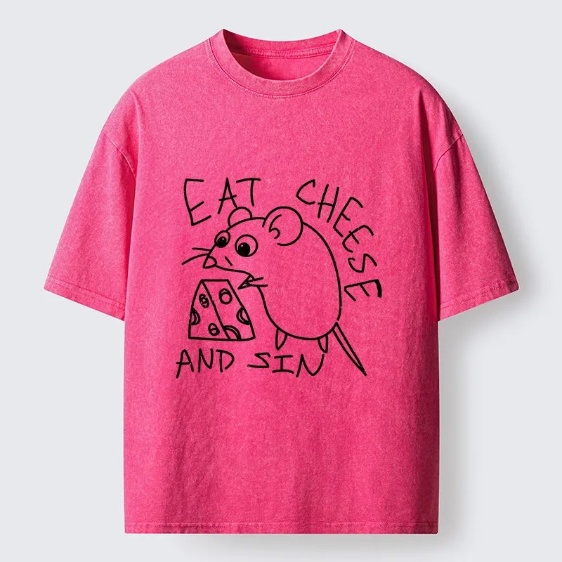 Tokyo-Tiger Cheese Obsessed Mouse Funny Art Washed T-Shirt Sale
