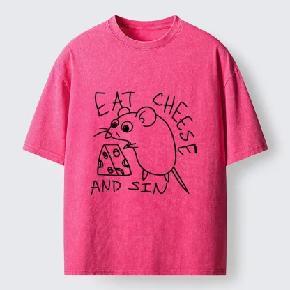 Tokyo-Tiger Cheese Obsessed Mouse Funny Art Washed T-Shirt