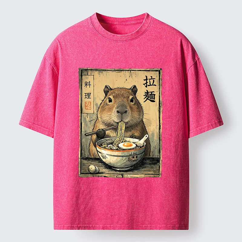 Tokyo-Tiger Capybara Enjoying A Bowl Of Ramen Washed T-Shirt