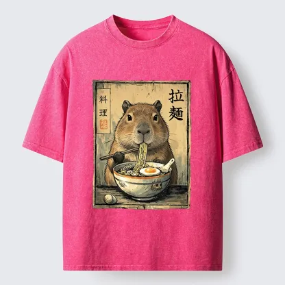 Tokyo-Tiger Capybara Enjoying A Bowl Of Ramen Washed T-Shirt