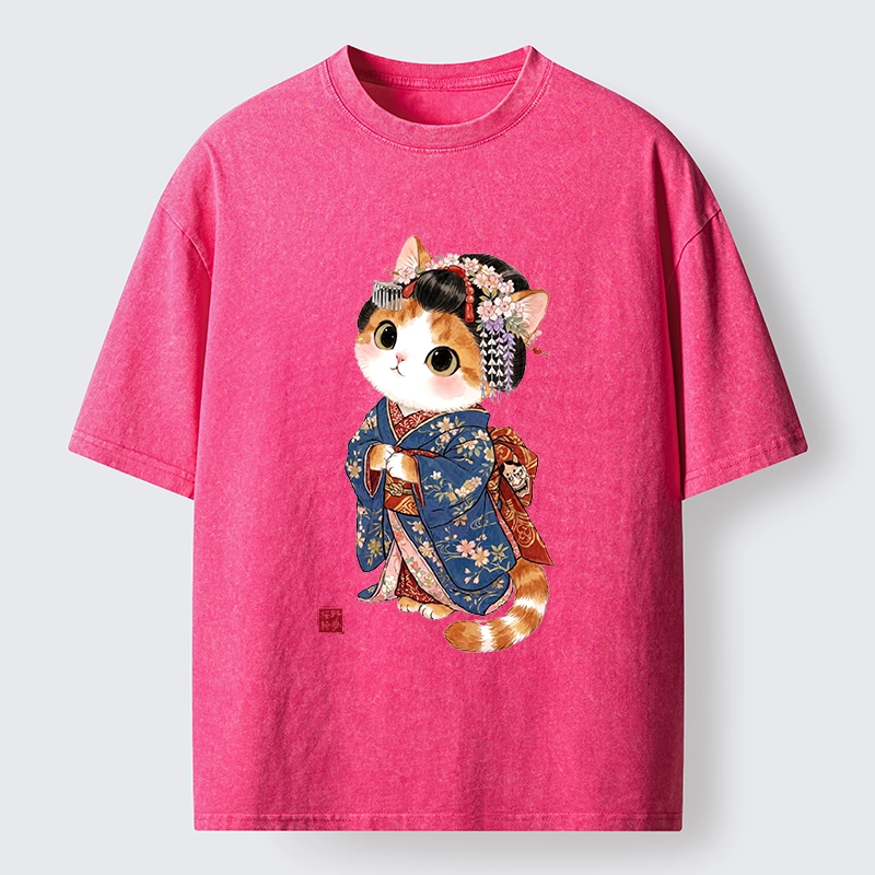 Tokyo-Tiger Cat Dressed As A Geisha Funny Washed T-Shirt