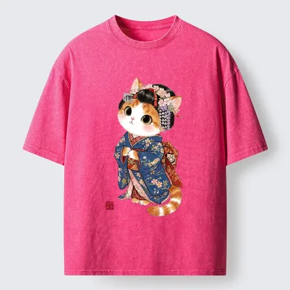 Tokyo-Tiger Cat Dressed As A Geisha Funny Washed T-Shirt
