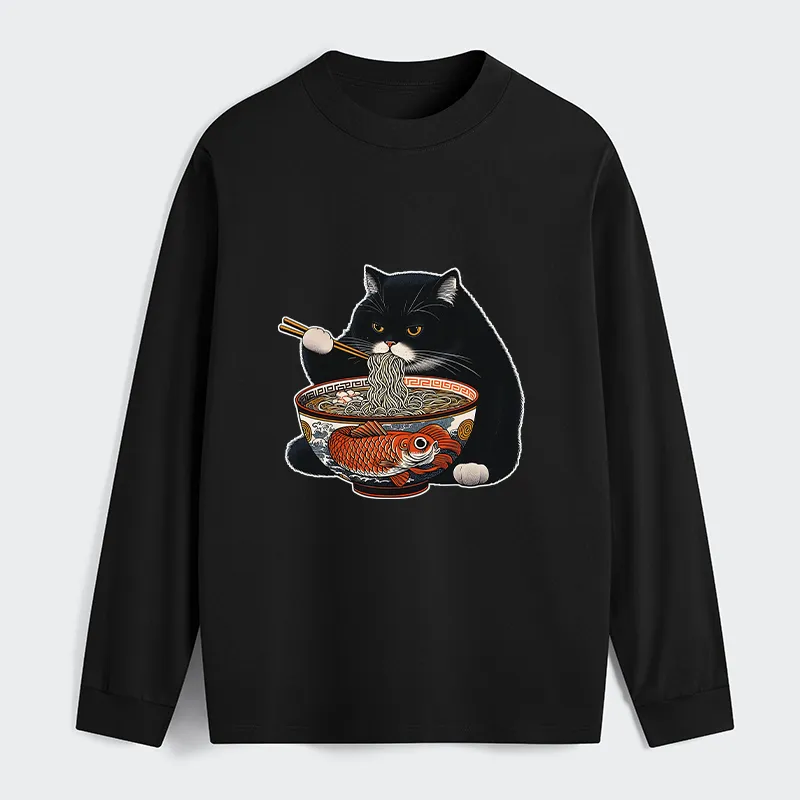Tokyo-Tiger Fat Cat Eating Ramen Classic Long Sleeve T-Shirt Sale
