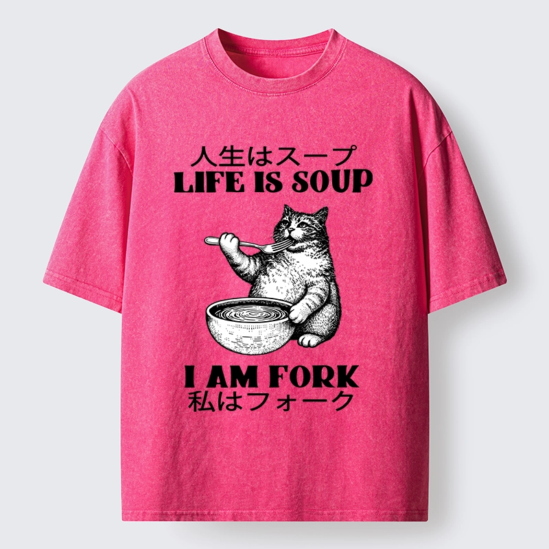 Tokyo-Tiger Cat Eating Soup With A Fork Washed T-Shirt