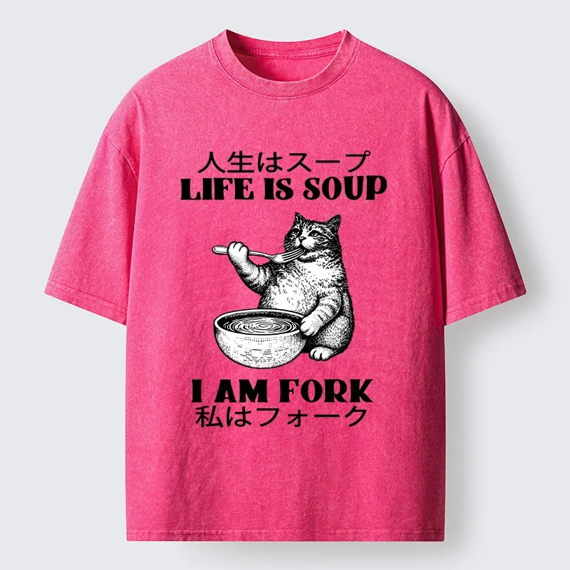 Tokyo-Tiger Cat Eating Soup With A Fork Washed T-Shirt
