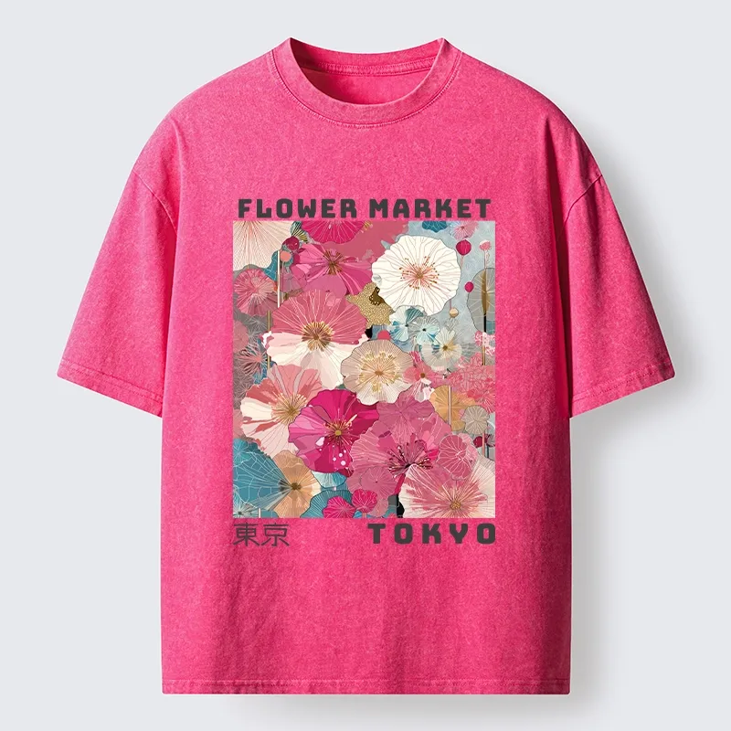 Tokyo-Tiger Market Colorful Floral Art Washed T-Shirt