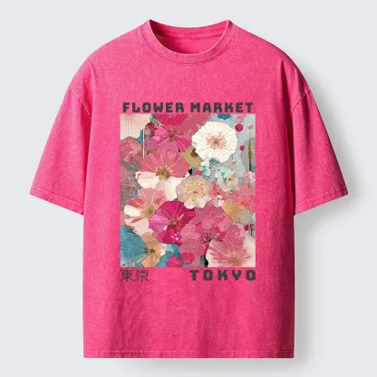 Tokyo-Tiger Market Colorful Floral Art Washed T-Shirt