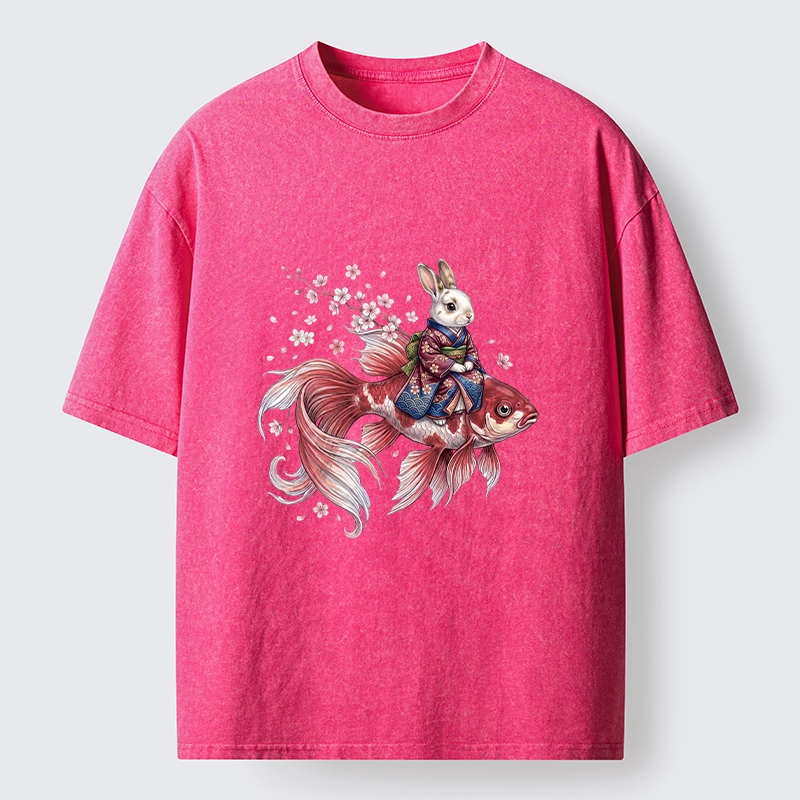 Tokyo-Tiger Japanese Style Rabbit And Koi Fish Washed T-Shirt