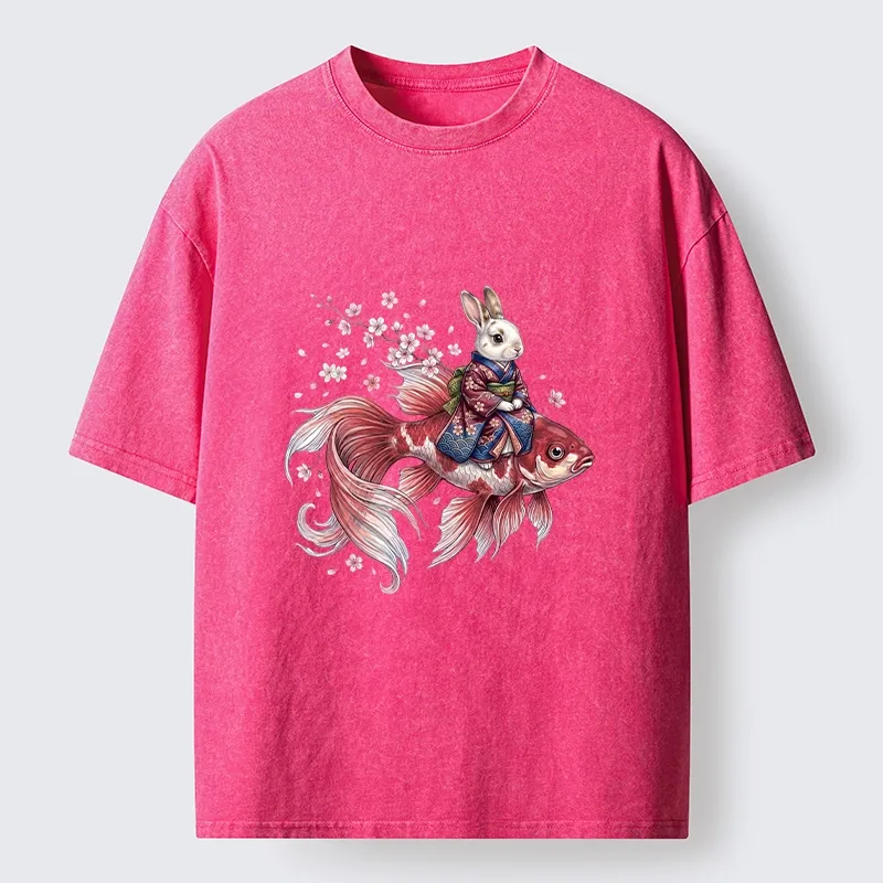 Tokyo-Tiger Japanese Style Rabbit And Koi Fish Washed T-Shirt