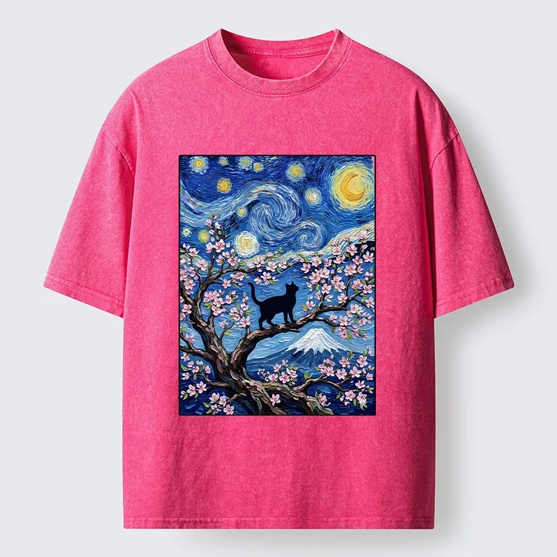 Tokyo-Tiger Van Gogh Style Cat With Mount Fuji Washed T-Shirt