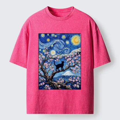 Tokyo-Tiger Van Gogh Style Cat With Mount Fuji Washed T-Shirt