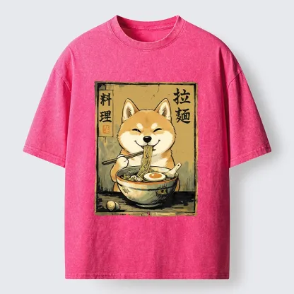 Tokyo-Tiger Happy Shiba Eating Ramen Washed T-Shirt