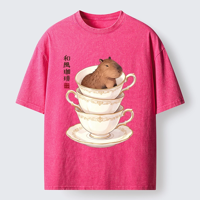 Tokyo-Tiger Japanese Coffee Capybara In A Teacup Washed T-Shirt