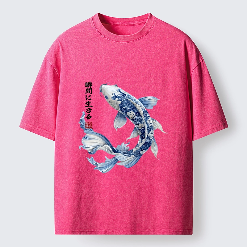 Tokyo-Tiger Blue And White Koi Fish Japanese Art Print Washed T-Shirt