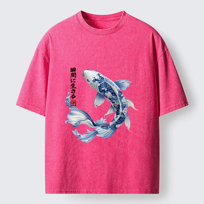 Tokyo-Tiger Blue And White Koi Fish Japanese Art Print Washed T-Shirt