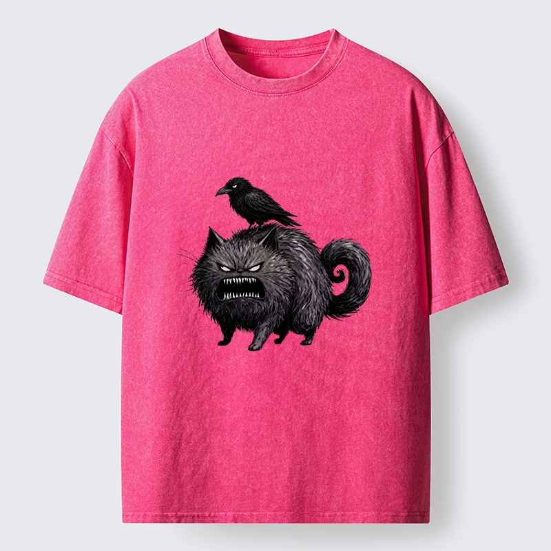 Tokyo-Tiger Angry Black Cat With Crow On Its Back Washed T-Shirt