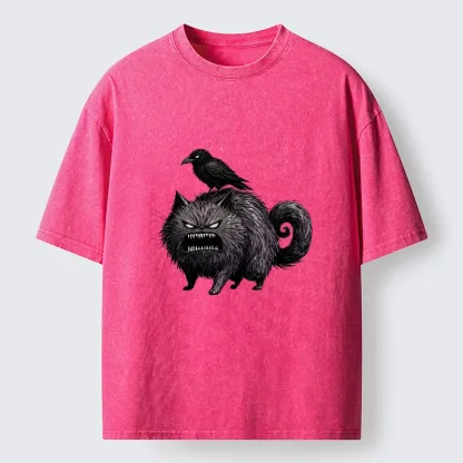 Tokyo-Tiger Angry Black Cat With Crow On Its Back Washed T-Shirt