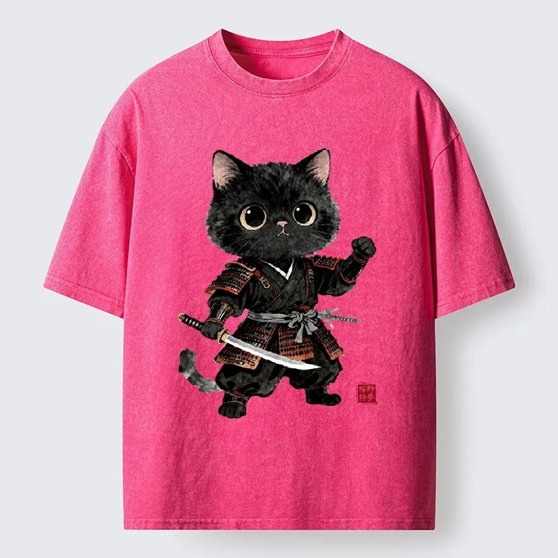 Tokyo-Tiger Samurai Black Cat With Katana Cute Art Washed T-Shirt