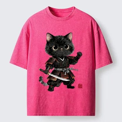 Tokyo-Tiger Samurai Black Cat With Katana Cute Art Washed T-Shirt