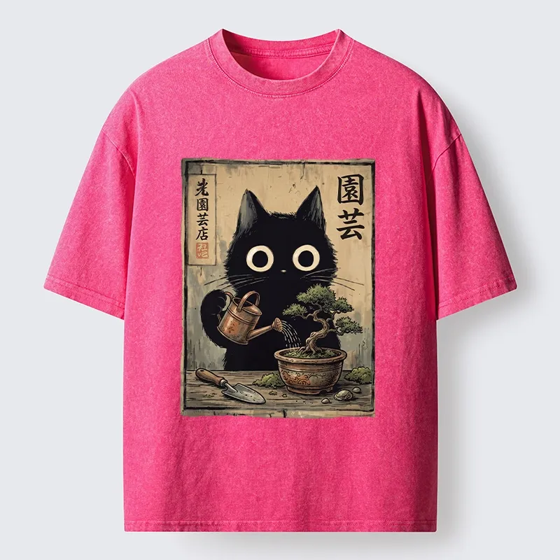 Tokyo-Tiger Black Cat Watering Bonsai Tree Washed T-Shirt
