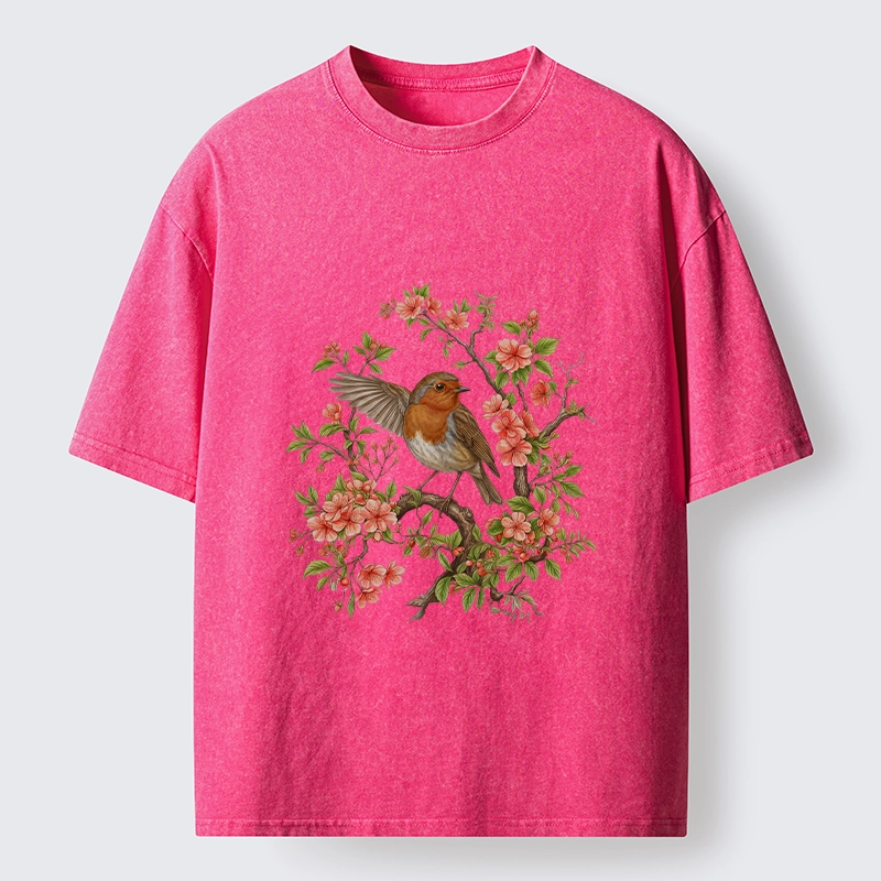 Tokyo-Tiger Beautiful Robin And Spring Flowers Washed T-Shirt