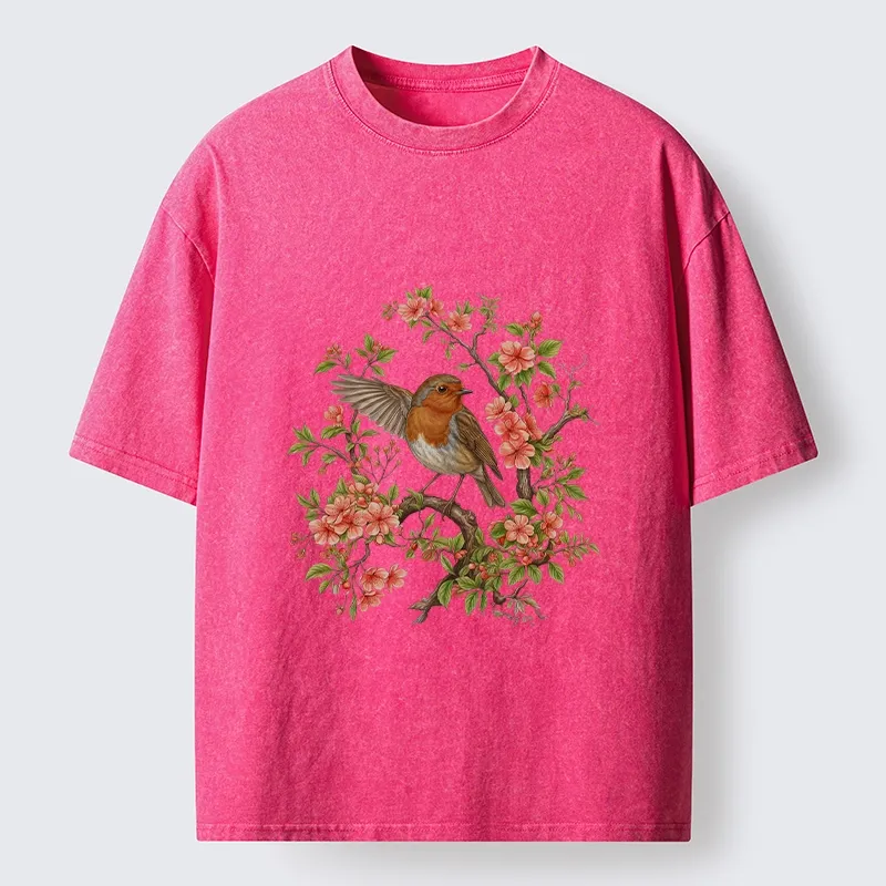 Tokyo-Tiger Beautiful Robin And Spring Flowers Washed T-Shirt