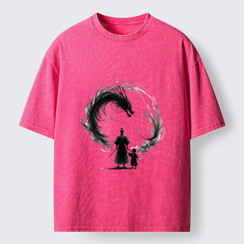 Tokyo-Tiger Samurai And Dragon Fatherhood Washed T-Shirt