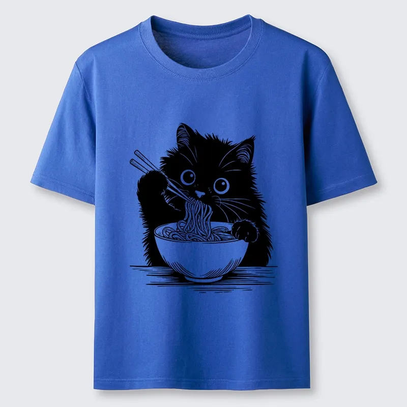 Tokyo-Tiger Black Cat Eating Ramen Funny Line Art Classic T-Shirt