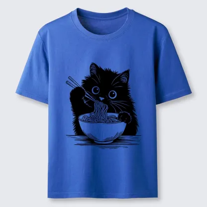 Tokyo-Tiger Black Cat Eating Ramen Funny Line Art Classic T-Shirt