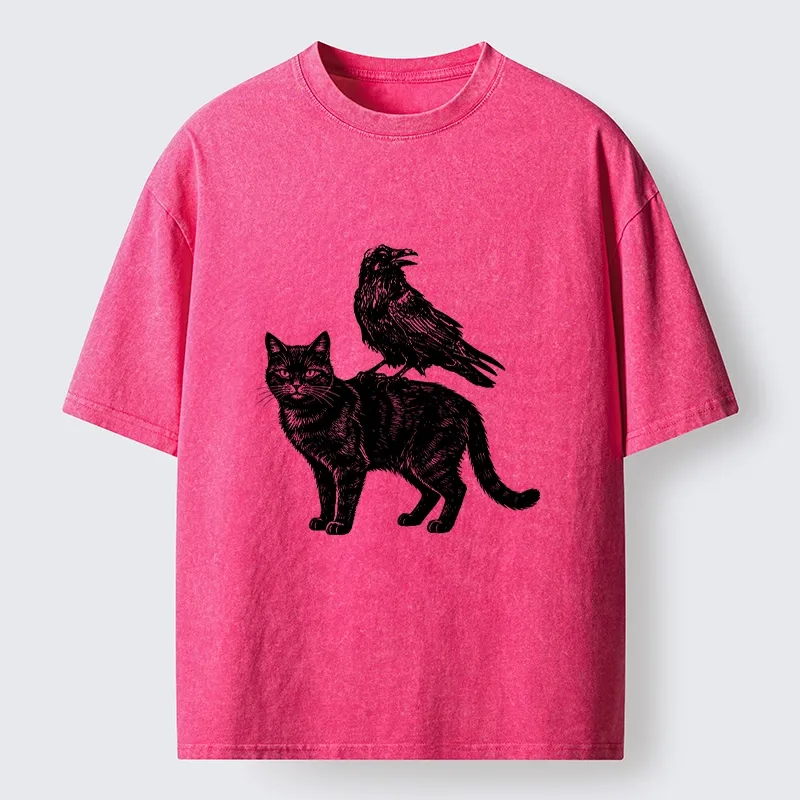 Tokyo-Tiger Funny Meme About Spooky Cat And Crow Washed T-Shirt Sale