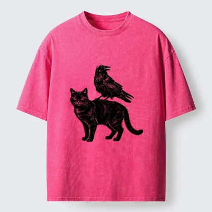 Tokyo-Tiger Funny Meme About Spooky Cat And Crow Washed T-Shirt