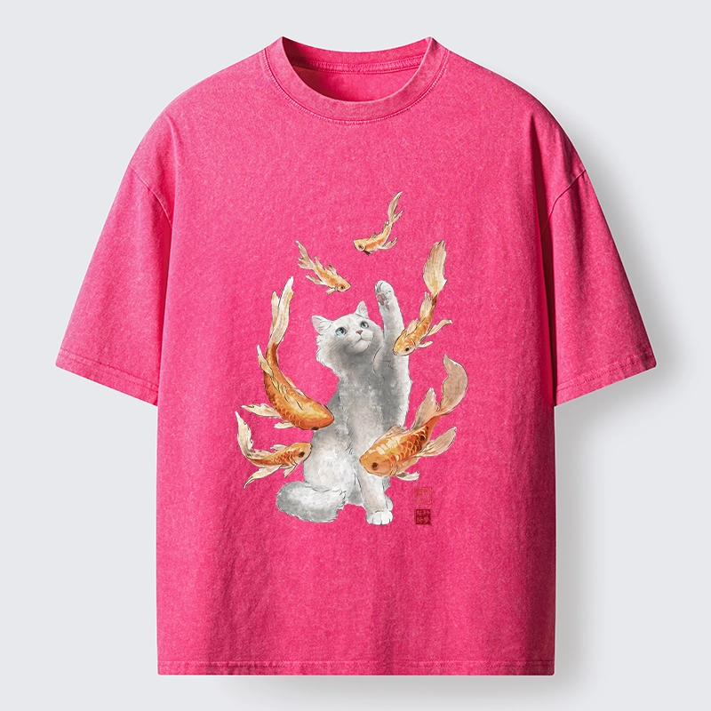 Tokyo-Tiger Fluffy Cat Chasing Koi Fish Dreams Washed T-Shirt