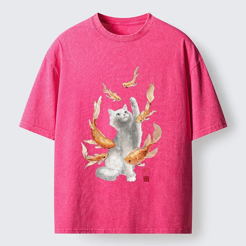 Tokyo-Tiger Fluffy Cat Chasing Koi Fish Dreams Washed T-Shirt Sale
