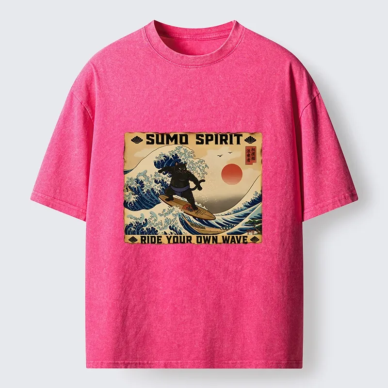 Tokyo-Tiger Sumo Cat Riding Its Own Wave Washed T-Shirt